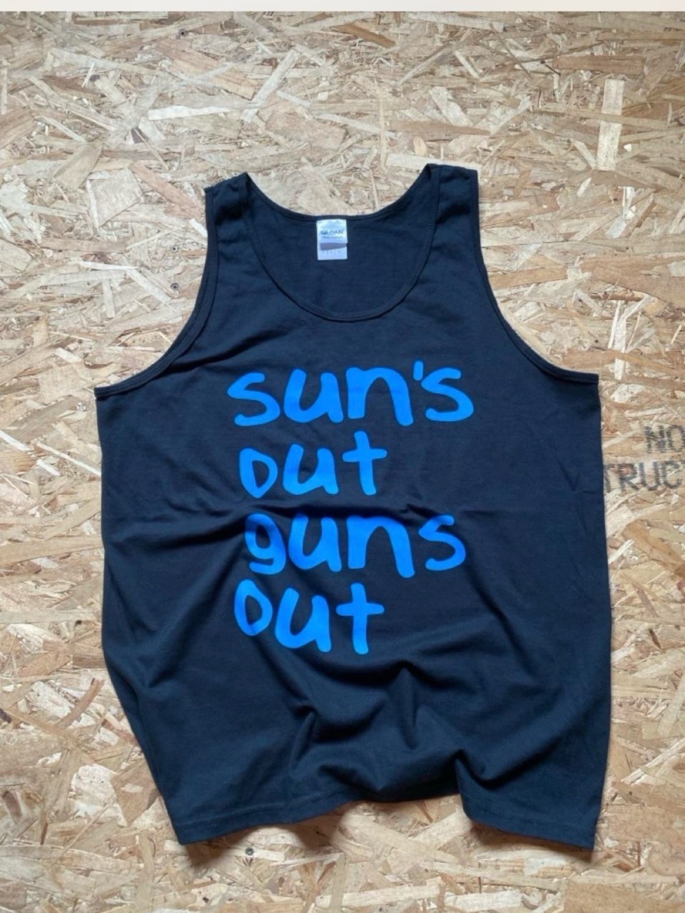Gildan Black Tank Top with Bright Blue 'Sun's Out Guns Out' Print-Large